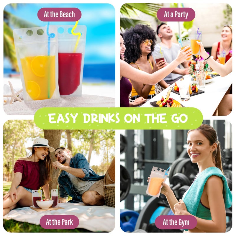 Frozip 50pcs 16oz Drink Pouches for Adults - Drink Pouches with Straws x50 & Funnel - Resealable Smoothie Pouches & Clear Juice Pouches for Adults - Drink Bag Plastic Pouches for Drinks with Straws - Image 2